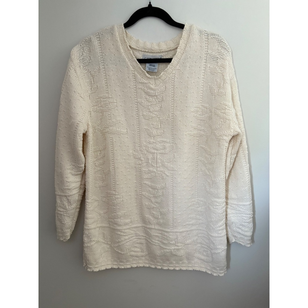 Vintage Cabin Creek‎ Cream Knit Preppy V Neck Sweater Sz Med 100% Cotton Chunky